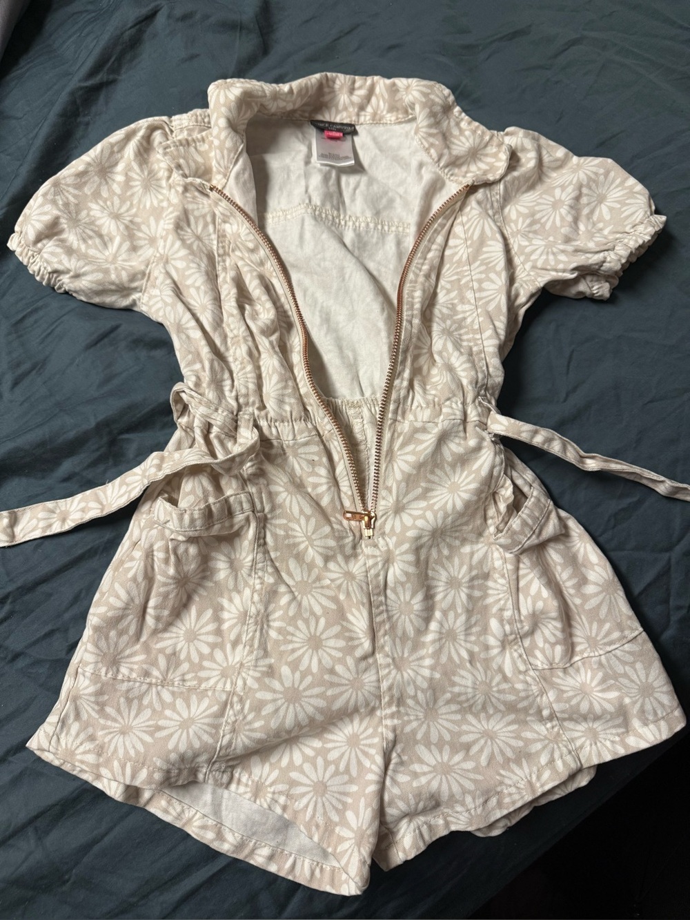 Beige Floral Zip Romper with Belt